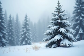 Obraz premium A majestic fir tree, heavily laden with pristine snow, stands tall against a blurred winter landscape. Its branches droop under the weight, creating a picturesque scene.