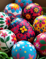 Obraz premium Close-up of colorful, decorated Easter eggs, showcasing intricate designs and vibrant hues, background, still life, painted