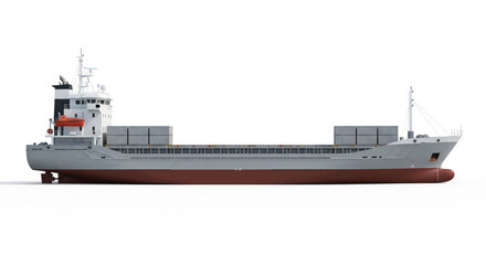 Fototapeta premium Side view of a large cargo ship against a plain white background.