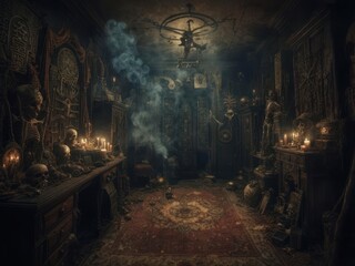 Dark, ornate room with skulls, candles, and smoke creating a mysterious and eerie atmosphere.