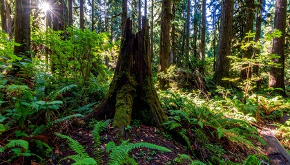 Obraz premium Sunlight filters through a lush forest floor, illuminating vibrant greenery and a decaying tree stump.