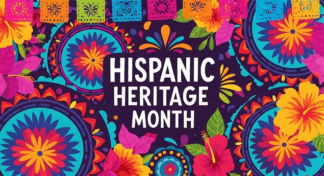 Celebrate hispanic heritage month with a vibrant and colorful design featuring traditional floral patterns and decorative elements, perfect for banners, posters, and greeting cards