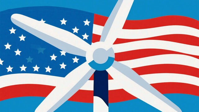 Wind turbine blades with the American flag in a vibrant, modern style, representing energy, sustainability, and green power for a clean future