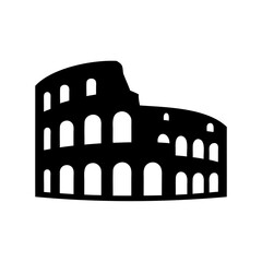 Black silhouette illustration of the Colosseum in Rome, Italy, against white background