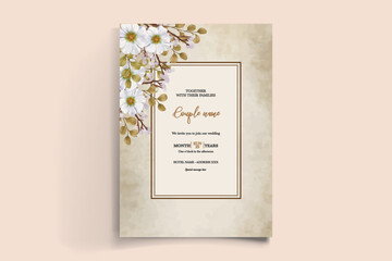 WEDDING INVITATION FRAME WITH FLOWER DECORATIONS AND FRESH LEAVES