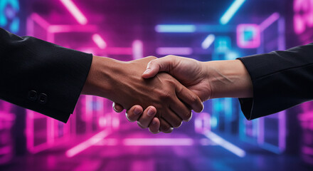 Close-up of two hands shaking firmly, futuristic neon light background