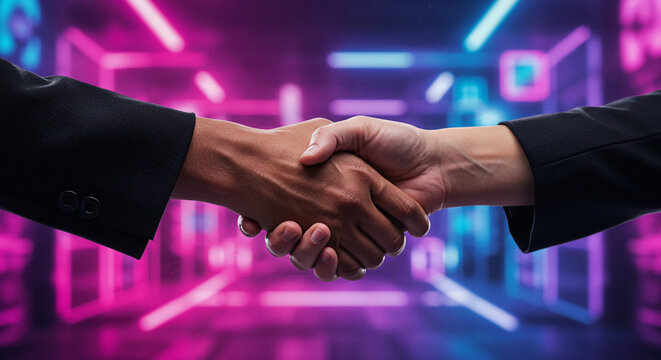 Close-up of two hands shaking firmly, futuristic neon light background - Powered by Adobe