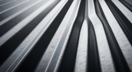 Obraz premium Close-up, metallic sheet showing a wavy, ribbed surface. The repeating pattern has strong lines and creates dynamic light and shadow