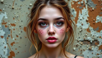 Close-up portrait of a nerdy young adult, face adorned with lipstick kiss marks, set against a textured grunge backdrop, isolated background, indie