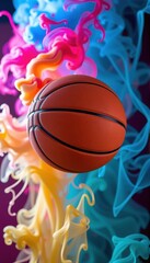Close-up of a basketball suspended against a vibrant, colorful smoke background. Dynamic and energetic composition ideal for sports, action, and abstract theme, smoke, swirl