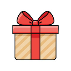 A cartoon illustration of a beige gift box with diagonal stripes, tied with a bright red ribbon and a large bow on top, symbolizing celebration and presents.