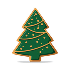 A detailed illustration of a Christmas tree-shaped cookie with green icing and golden decorations.