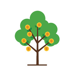A stylized illustration of a money tree with gold coins representing wealth and financial growth.