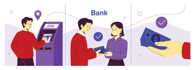 Three-panel illustration of ATM use, bank cash transaction, and approved payment, symbolizing modern banking and financial services