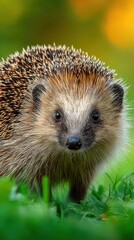 Fototapeta premium Cute hedgehog exploring lush green grass during a sunny day in a peaceful natural setting