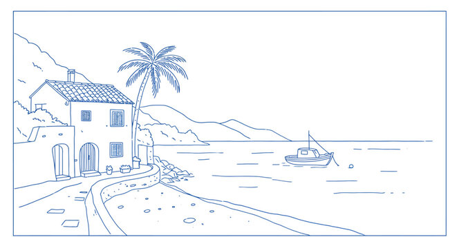 Coastal house with palm tree and boat in simple line art style