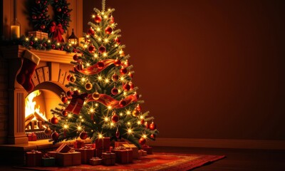 A decorated Christmas tree stands near a glowing fireplace, casting a warm, festive light, comfort, sparkle, wood