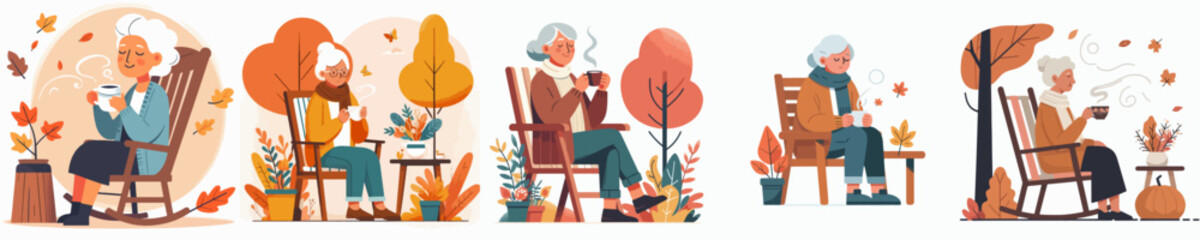 vector of a grandmother drinking warm coffee in autumn