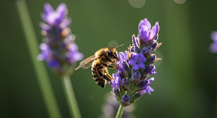 Bee Collecting Nectar from Lavender Flowers on Blurred Green Background