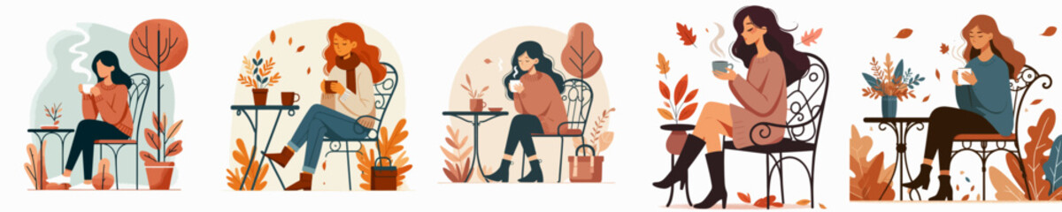 vector of a woman drinking warm coffee in autumn
