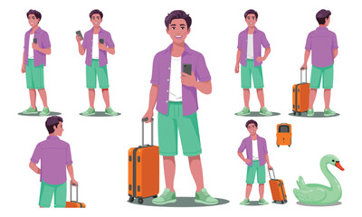 Character design sheet of young man in casual travel outfit with multiple poses, accessories, and inflatable swan for animation and illustration