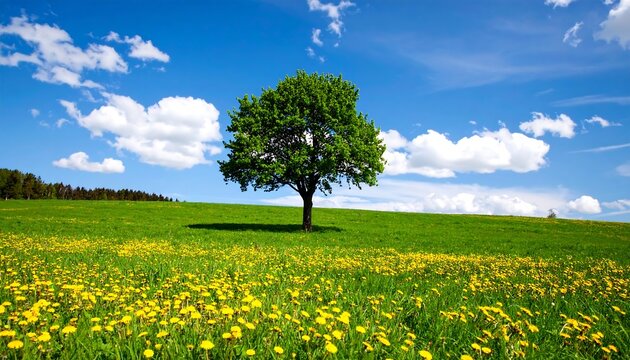 Lush green field with a lone tree under a vibrant blue sky
