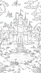 Fototapeta premium Whimsical fairy tale castle coloring book page, featuring a magical castle with tall towers, surrounded by a moat, trees, and flying birds, easy to color, 