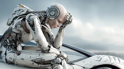 A melancholy female android sits on a car. A sad cyborg against the sunset, symbolizing thoughts about AI. Footage reflecting the emotionality of robots. - Powered by Adobe