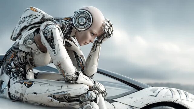 A melancholy female android sits on a car. A sad cyborg against the sunset, symbolizing thoughts about AI. Footage reflecting the emotionality of robots. 