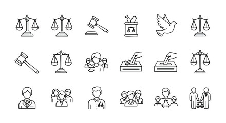 Fototapeta premium Line Art Collection: Justice System, Legal Process and Civic Engagement Concepts Represented in Symbolic Iconography
