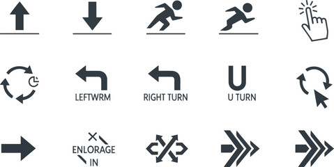 Isolated a Arrows glyph icon set. Vector pictograms of direction, move, pointer, rotate, turn, return, expand, merge, diverge, vector art with white background.