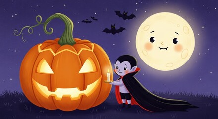 Cute halloween illustration with a little vampire a jack o' lantern and a friendly moon