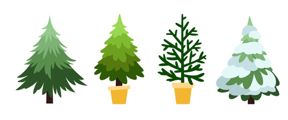 Trendy set of cute hand drawn Christmas trees. New Year illustration isolated on white background. Elements for design and decoration. Ecological cultivation of spruce trees.