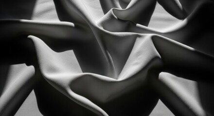 Dramatic grayscale close-up showcasing the texture and folds of a smooth, light-colored fabric, illuminated by a strong, contrasting light source, creating deep shadows and highlights