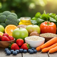 Selection of fresh fruits, vegetables, and grains promoting healthy eating