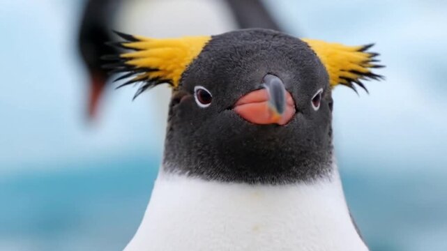 A penguin stares forward showcasing its black head white body and distinct yellow crest feathers