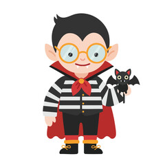 A cute cartoon boy dressed as a vampire holding a small bat for Halloween.