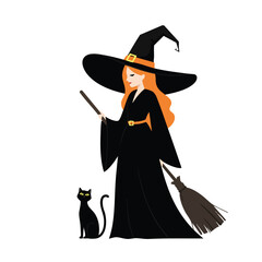 A charming witch with orange hair wearing a black dress and hat, holding a wand, with a black cat.