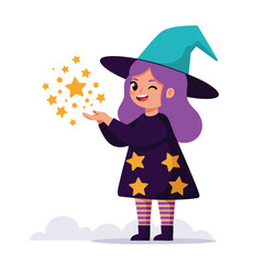 A cute little girl dressed as a witch casts a spell with sparkling stars.