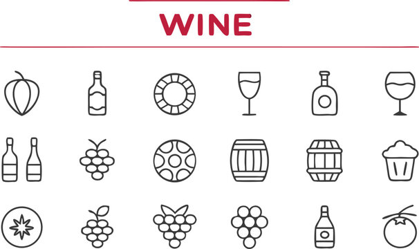 Collection of wine related icons and symbols on black background