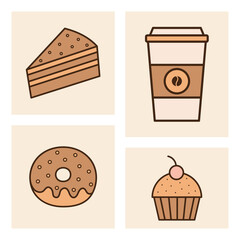 cute dessert and coffee icon set with cake slice, donut, cupcake and coffee cup in flat cartoon style perfect for cafe menu sticker label and digital design