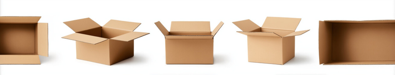 Four different cardboard boxes, open and closed, isolated on a white background,