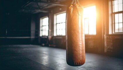 A leather punching bag hangs suspended in a dimly lit industrial space, bathed in golden sunlight streaming through large windows.