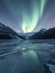 Naklejka premium Breathtaking aurora borealis reflecting over a frozen lake in Alaska