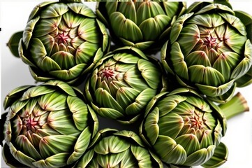 Fototapeta premium Fresh artichokes, vibrant green, isolated on white. Perfect for culinary or health-related content. Close-up view showcasing texture and detail, produce, detail