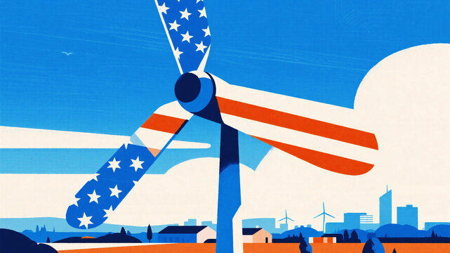 Vibrant patriotic wind turbine illustration representing renewable energy, eco-friendly power, and clean sustainable resources for a green future