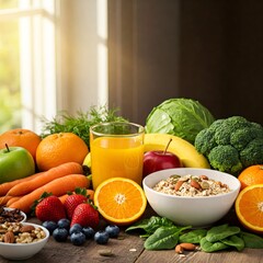 Healthy breakfast with fruit, vegetables, juice and cereal promoting wellbeing