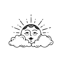 retro sun peeking from the clouds folk art