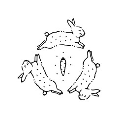 three rabbits and carrot circle motif line art
