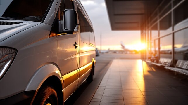 Modern Airport Shuttle Van Outside Terminal with Open Sliding Door in Warm Studio Lighting, POV Shot